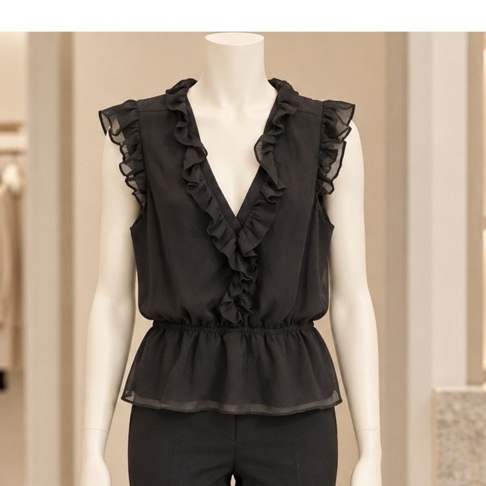 Banana Republic Womens Blouse Black Ruffle V-Neck Peplum Chiffon Sleeveless S
